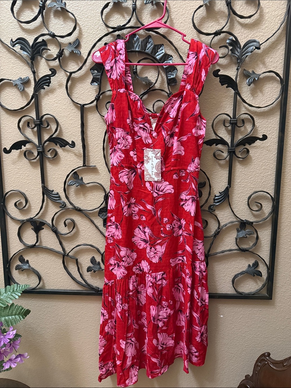 BAND OF THE FREE Women's Red Floral Maxi Dress w/ Pink Bloom Print Size S NWT